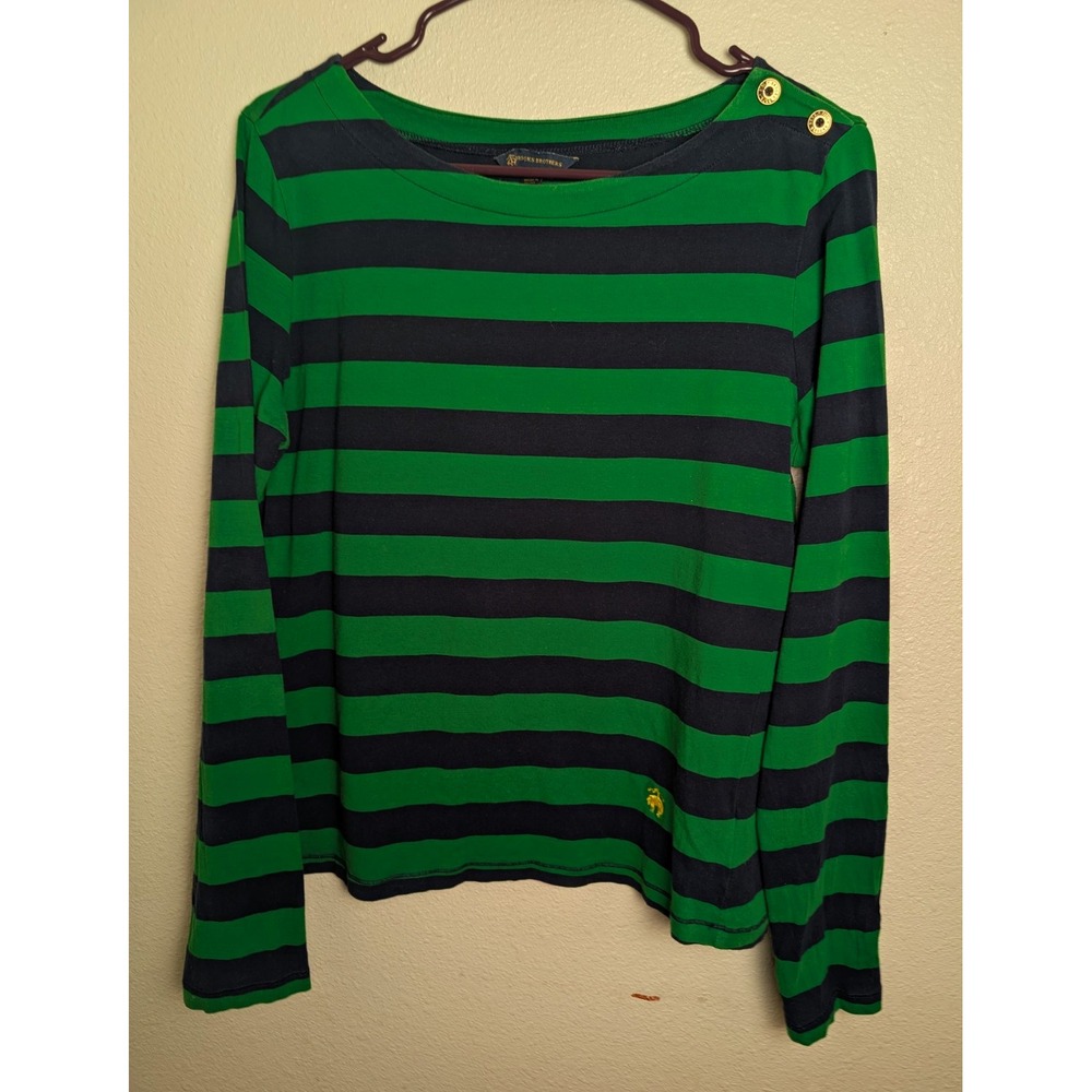 Brooks Brothers Women's Large Green Navy Stripe Boat Neck Long Sleeve Top